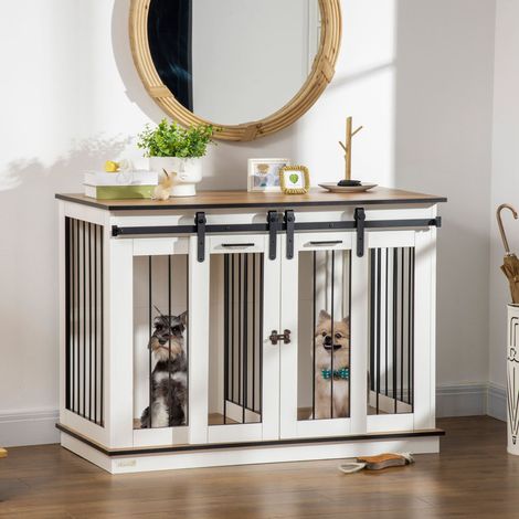 Cage pour chiens en bois blanche avec double porte et séparateur, 120 x 60 x 88,5 cm (1/5)