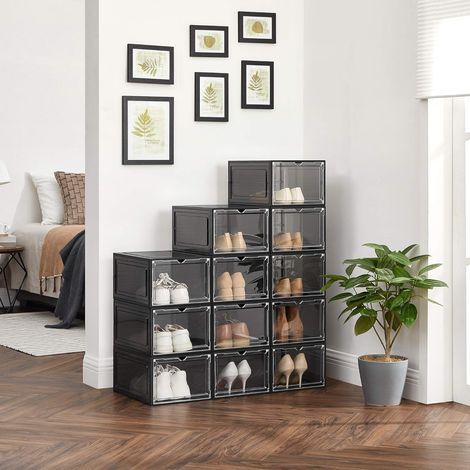 Boîtes à Chaussures, Lot de 12, Organisateurs avec Porte, Rangement de Chaussure en Plastique, empilable, Assemblage Facile, 27 x 34,5 x 19 cm, Jusqu’à la Pointure 46, Noir LSP032B12V1 (1/5)