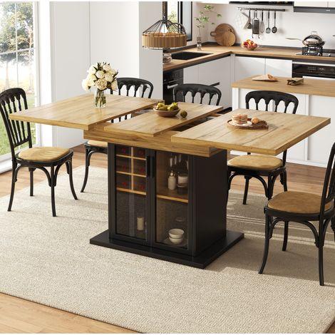 MODFU – Mesa de comedor extensible 110-140 cm de MDF con botellero extraíble, puerta de vidrio y cierre suave – Negro (1/5)