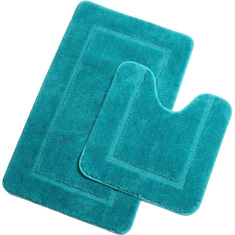 Microfibre Set de Tapis Toilette Antidérapant Absorbants Lavable Tapis de Bain et Contour WC , Turquoise, 53 x 86 cm+50 x 50 cm (1/5)