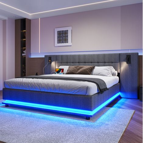 Polsterbett 180/200 cm grau aus Leinen mit LED-Leiste, USB und Lesespot (1/5)