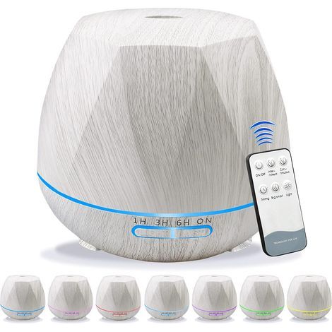 Difusor de aceites esenciales, 550 ml, difusor de aromaterapia ultrasónico, con control remoto, temporizador y 7 luces LED de colores, humidificador de aire para el hogar, dormitorio y oficina (blanco (1/4)