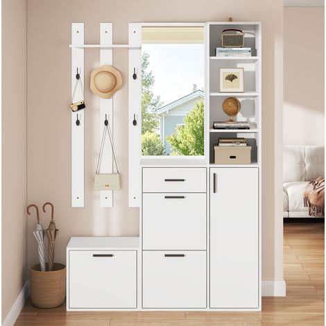 Perchero de pasillo de 120x30x178 cm con espejo, 6 ganchos, 3 zapateros, cajón, MDF blanco. (1/5)