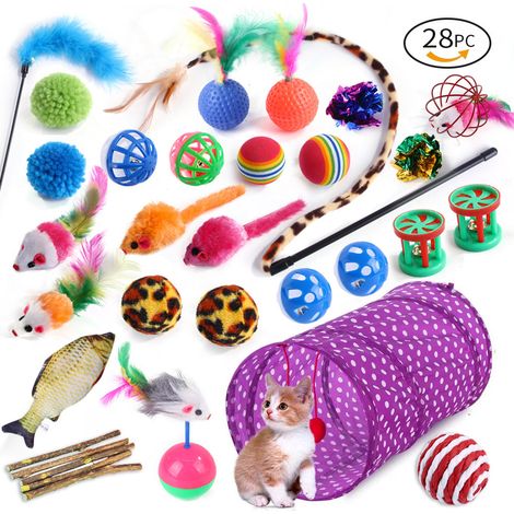 Lot de 28 jouets pour chats multicolores : plume, souris, balle et hochet pour chaton et félin, idée cadeau de Noël