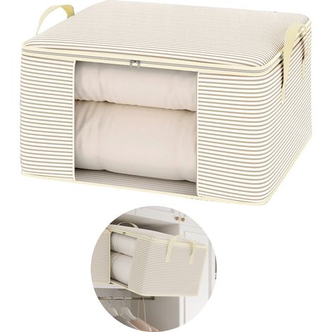 Grand sac de rangement visible rayures beiges, grande capacité pour vêtements et couettes, rangement maison, pliable et résistant à la poussière (1/5)