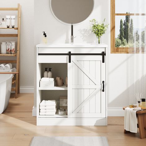 Meuble de salle de bain blanc avec vasque céramique, porte coulissante 76 x 46,5 x 87,5 cm OKWISH (1/5)