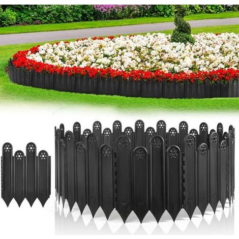 Set of 10 black garden edging strips, 20 cm high, 2 m total height. Interlocking decorative plastic edging (1/5)