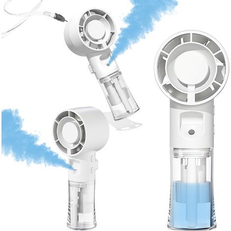 Ventilador portátil Turbo de 4 velocidades con función de nebulización y humidificación para viajes y uso en exteriores, color blanco. (1/5)