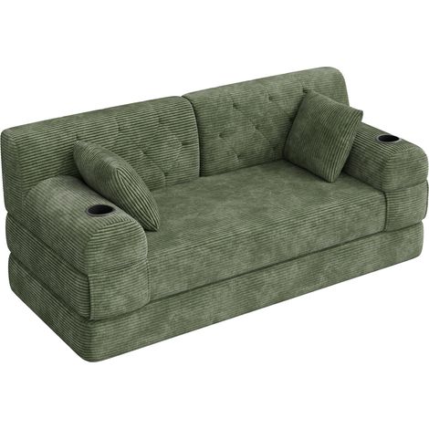 Divano letto 2 posti in velluto a coste verde, schienale alto, struttura metallica, 2 portabicchieri (1/5)