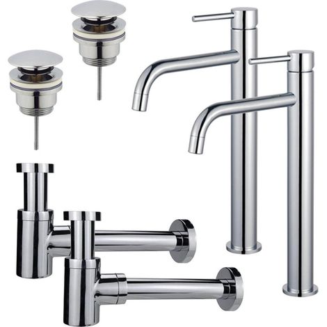 FugaFlow Eccelente Sobrado Slim Kit robinet lavabo - pour double vasque - robinet rehaussé - bonde clic clac - siphon design bas - Chrome brillant (1/4)