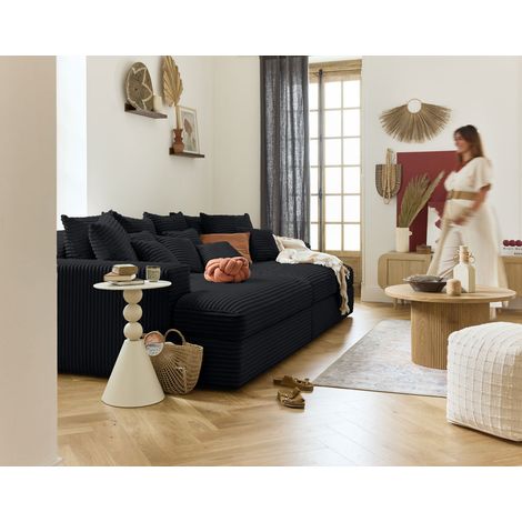 Lisa Design – Canapé droit 4 places avec double méridienne – Assise profonde en velours côtelé – Style contemporain – Noir – Montage facile (1/5)