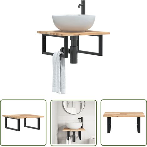 The Living Store Étagère de vasque murale acier et bois massif d'acacia - Meuble De Salle De Bain - Étagère Murale - Étagère De Lavabo - Meuble Suspendu - Rangement Salle De Bain (1/5)