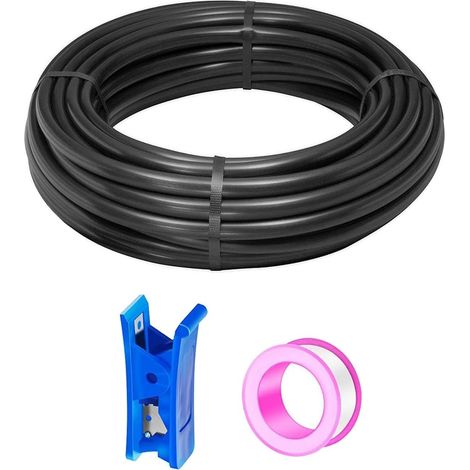 Tuyau pneumatique noir en polyuréthane de 10 m, flexible, diamètre extérieur 16 mm x diamètre intérieur 12 mm + 1 coupe-tuyau bleu + 1 ruban téflon rose (1/5)