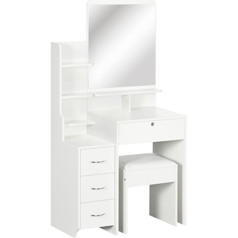 Coiffeuse avec tabouret rembourré, grand miroir, étagères ouvertes, 4 tiroirs blanc