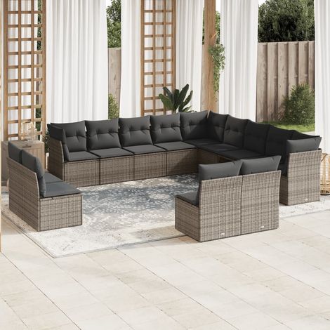 Ensemble Salon Jardin 12 Places Modulaire Gris, Résine Tressée, Table Verre Trempé, Housses Lavables (1/3)