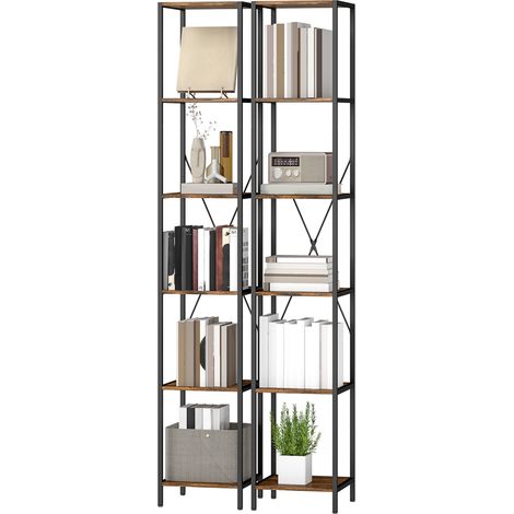 Ensemble de 2 étagères à 6 niveaux, structure en acier, pour salon, bureau, chambre, marron rustique (1/5)