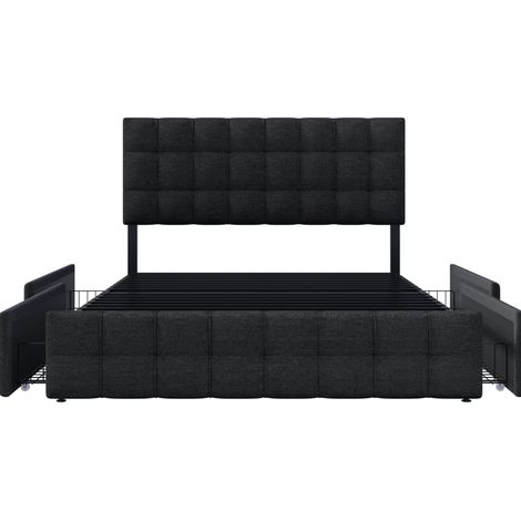 Cama con canapé capitoné 140x200 cm negro, 4 cajones, cabezal regulable, lino, MODENUIT (1/5)