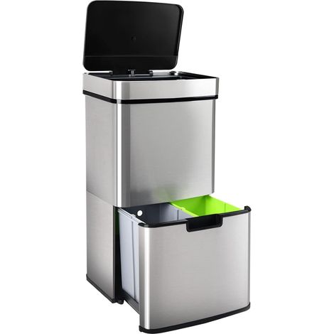 GARDTECH Waste Bin Kitchen 62 Litre Automatic Waste Bin with Sensor 3 Compartments Waste Separation System with Softclose Lid Clamping Ring for Stainless Steel Bin Liners Capacity of 2 x 12.5L and 37L