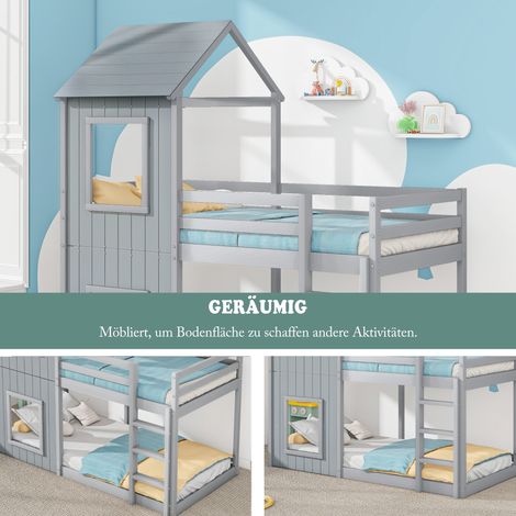 Lit superposé 90x200 cm, lit cabane enfant mixte, avec échelle et ciel de lit, en bois massif gris, du sol au plafond, pour chambre filles et garçons, référence 3071489HAA (1/5)
