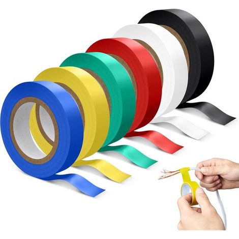 Nastro isolante, 6 pezzi, 16 mm x 10 m, nastro isolante per autoveicoli per la riparazione e la protezione di cavi elettrici, nero, giallo, blu, verde, bianco (1/5)