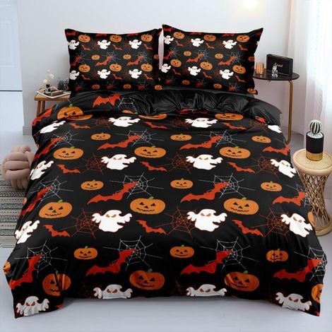 Halloween Bettwäsche 200x200 cm mit Kürbis & Geist Motiv, Mikrofaser, 3-teilig