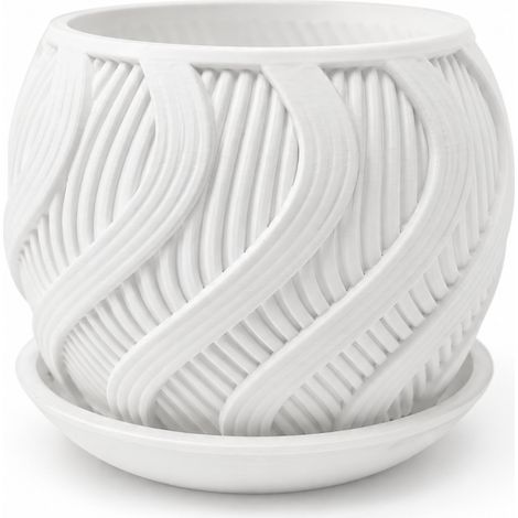 Pot de fleurs blanc ondulé avec une soucoupe décorative moderne (1/3)
