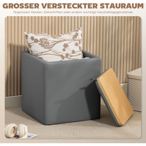 Pouf de rangement avec couvercle, tabouret carré en similicuir gris 40x40x40 cm (1/5)