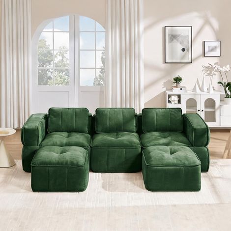 Canapé modulable en U vert avec 2 poufs en tissu polyester (1/5)