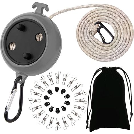 Stendibiancheria retrattile, stendibiancheria portatile antiscivolo, stendibiancheria da viaggio da 10 m, 10 fibbie di fissaggio e 20 mollette, per accessori da viaggio per campeggio all'aperto (1/5)