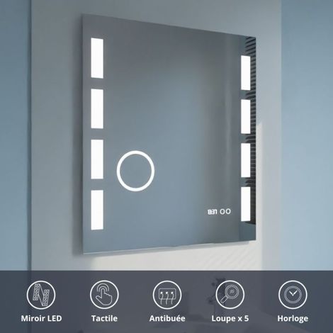 Miroir lumineux de salle de bain 70x80 cm – Antibuée avec loupe x5 – Éclairage LED 1200 lumens – Horloge intégrée – Excellence (1/10)
