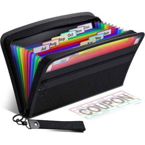 Organisateur de Coupons de ReçUs, 12 Pochettes Trieur, Taille Petit 28 X 15 cm, Fermeture éclair, étiquettes Multicolores (1/5)