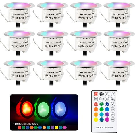 Lot de 12 spots LED encastrables pour terrasse 12V Diamètre- 42mm - Avec minuterie - Étanche IP67, Éclairage extérieur RVB pour terrasse, jardin, allée, escalier (1/5)