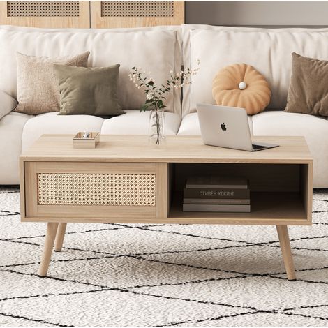 Tavolino da caffè 105x55x40 cm color legno naturale in MDF con ante scorrevoli effetto rattan e gambe in legno massello (1/5)