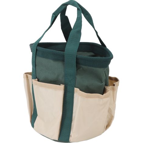 Sac à outils de jardin rond à 6 poches en tissu Oxford, vert et crème, pour hommes et femmes jardiniers. (1/5)