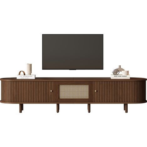 Meuble TV ovale en noyer foncé, design rotin - 180 cm MDF, pieds réglables, capacité 30 kg (1/5)