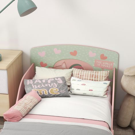 Lit enfant 70x140 cm rose avec barrières de sécurité intégrées, sommier inclus et motif animalier, idéal pour 3-6 ans (1/5)