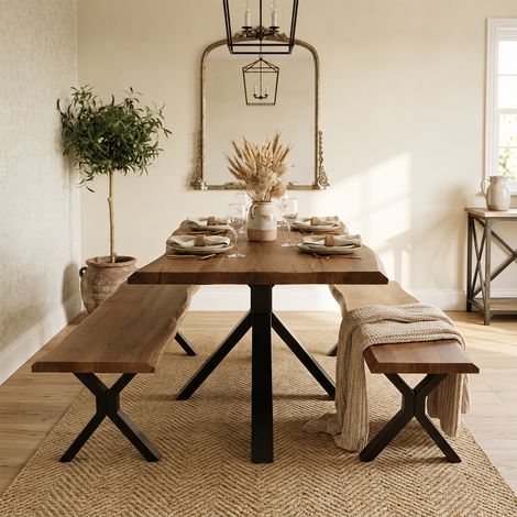 Kosy Koala 4 Seater Dining Table Set, Rustic Brown Wooden Effect Dining Table with 2 Benches