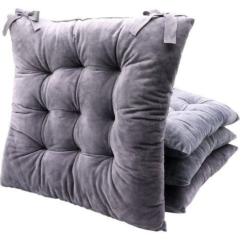 Set of 4 Chair Cushions with Ribbons, 40 x 40 cm, Washable Crystal Velvet Cushion for Garden Chairs, Office Chairs, Kitchen or Dining Chairs (Grey) (1/5)