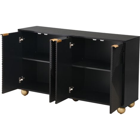 Buffet noir à quatre portes sculptées, étagères réglables et pieds sphériques en MDF (1/5)