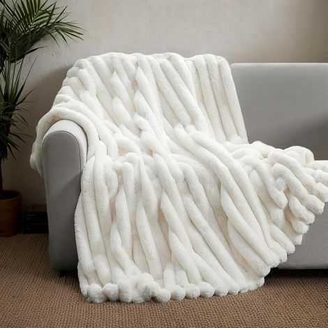 Manta polar, 130 x 152 cm – doble capa – piel sintética de conejo – color blanco roto (1/4)