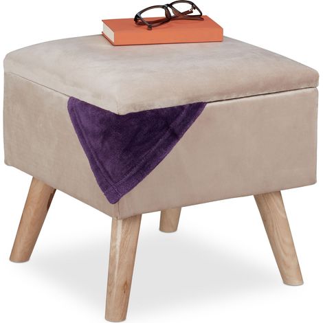 Relaxdays Samthocker mit Stauraum, gepolstert, eckig, mit Holzbeinen, Wohnzimmer Sitzhocker, HBT: 40x40x40 cm, creme