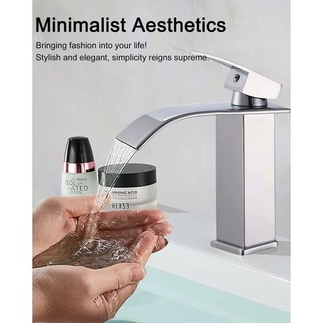 1 robinet de lavabo cascade, acier inoxydable 304, buse céramique, commande eau chaude/froide, finition PVD, design minimaliste (1/5)
