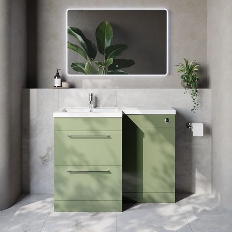 Napoli 460 Olive Green 1100mm 2 Drawer Vanity Unit Toilet Suite with Left Hand Square Lucia Basin - 1100mm - Chrome 320mm HandleWithout Kingston Toilet Pan