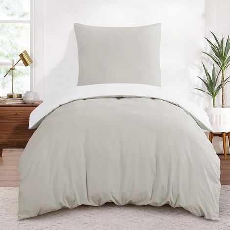 Housse de Couette 140x200 Réversible avec Taie d'oreiller 65x65 cm Beige Blanc - Parure de Lit 140 x 200 Adulte Personne Microfibre Couette avec Fermetures éclair (1/5)
