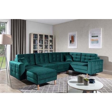 Canapé panoramique convertible - ASMA VELOURS - en tissu de qualité 5 places, vert foncé, méridienne à gauche et angle à droite (vu de face) (1/4)