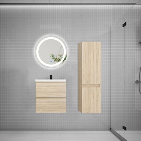 Ensemble meuble vasque L.50cm 2 tiroirs + lavabo + LED miroir rond 60cm + colonne,chêne easy (1/5)