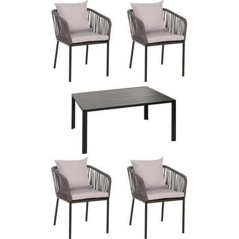 Salon de jardin HWC-N41, table+4xchaises, résistant aux intempéries alu 140x80cm, corde tressée Rope - anthracite Coussi (1/5)