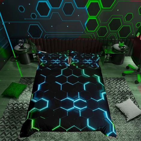 Parure de lit 3 pièces avec housse de couette à imprimé hexagonal, vert sarcelle et noir, pour enfants, garçons, adolescents, housse de couette géométrique pour chambre à coucher, lit double (1/5)