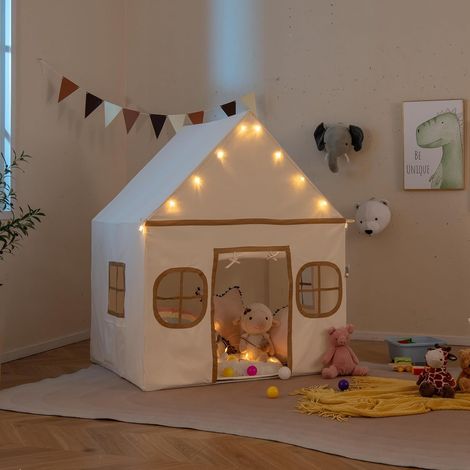 Goplus – Cabane de jardin pour enfant – Tente intérieure avec 10 étoiles lumineuses – Tapis moelleux – Fenêtres ventilées – Poches de rangement – 140x118,5x100,5 cm