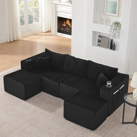 Canapé d’angle modulable 3 places en velours côtelé 230x138x75cm avec 2 poufs mobiles,porte-gobelets,poches latérales,Noir (1/5)